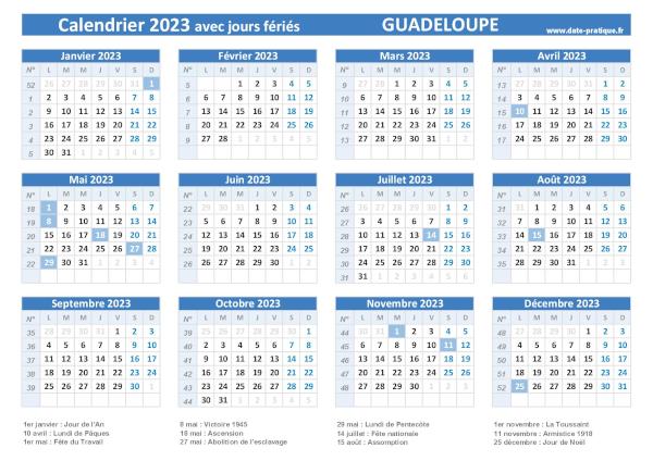 Calendrier 2023 avec jours fériés - Guadeloupe