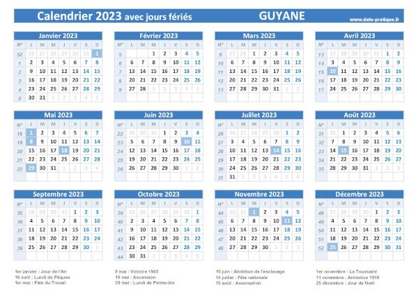 Calendrier 2023 avec jours fériés - Guyane