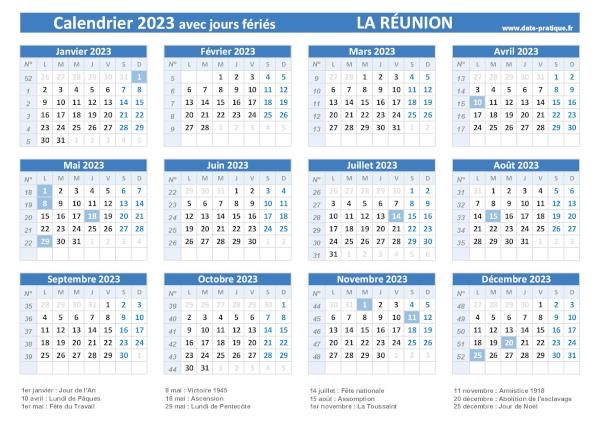 Calendrier 2023 avec jours fériés - La Réunion