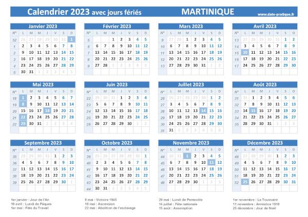 Calendrier 2023 avec jours fériés - Martinique