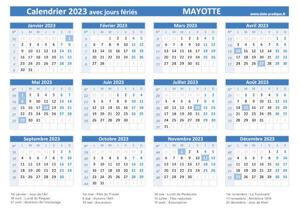 Calendrier 2023 avec jours fériés - Mayotte