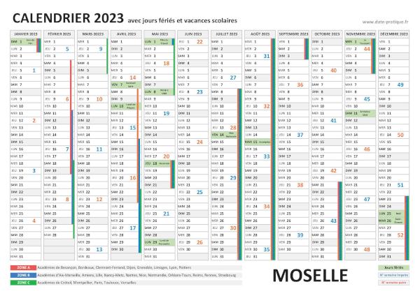 Calendrier 2023 avec jours fériés - Moselle