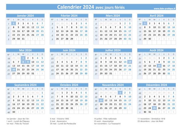 Calendrier 2024 avec jours fériés