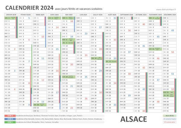 Calendrier 2024 avec jours fériés - Alsace