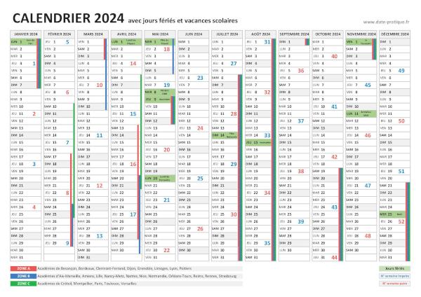 Calendrier 2024 avec jours fériés et vacances scolaires à imprimer.