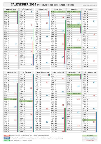 Calendrier 2024 avec jours fériés et vacances scolaires - Format portrait.
