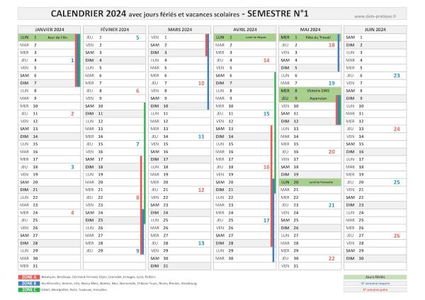 Calendrier 2024 avec jours fériés et vacances scolaires - Semestre N°1.