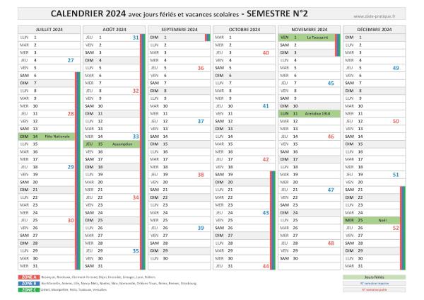 Calendrier 2024 avec jours fériés - Semestre N°2.