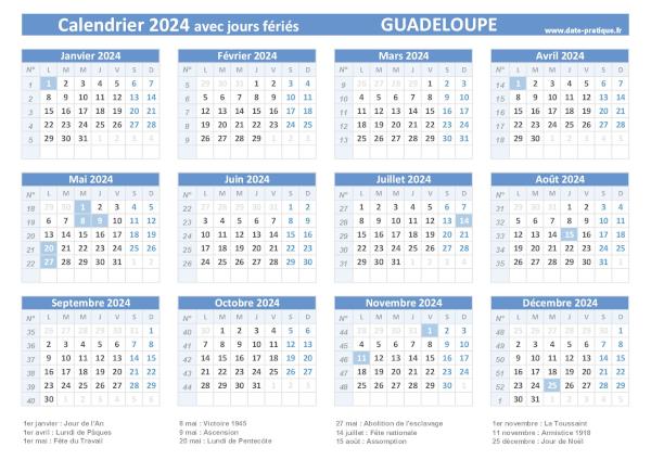 Calendrier 2024 avec jours fériés - Guadeloupe