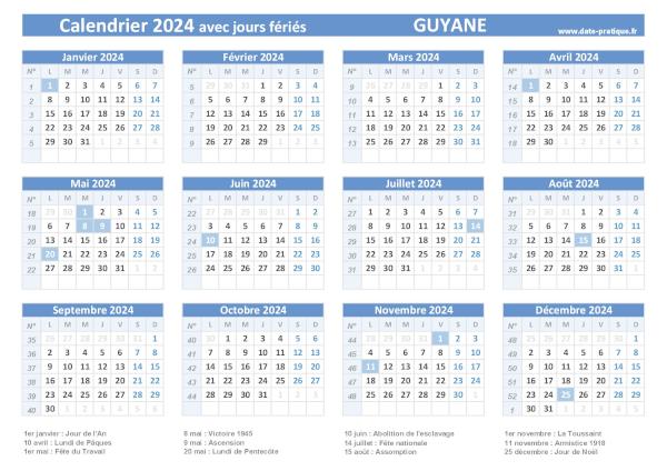 Calendrier 2024 avec jours fériés - Guyane