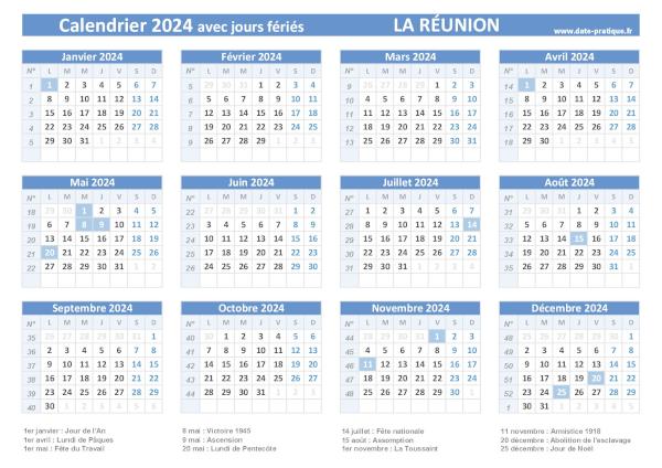 Calendrier 2024 avec jours fériés - La Réunion