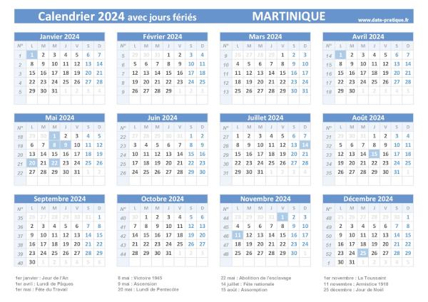 Calendrier 2024 avec jours fériés - Martinique