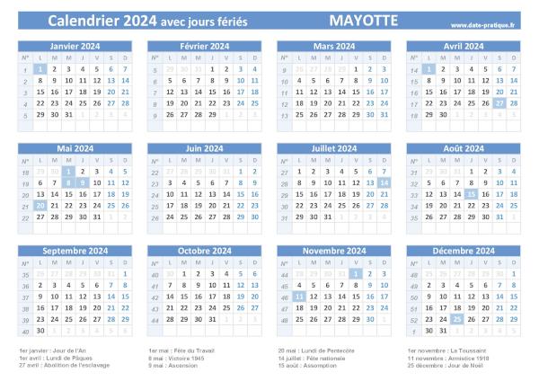 Calendrier 2024 avec jours fériés - Mayotte