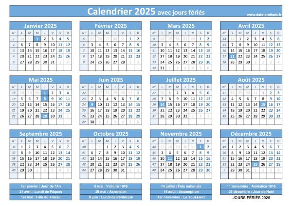 Calendrier 2025 avec jours fériés