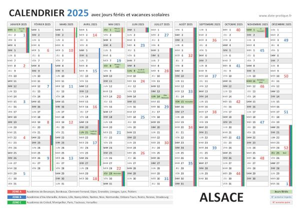 Calendrier 2025 avec jours fériés - Alsace
