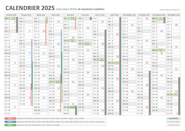 Calendrier 2025 avec jours fériés et vacances scolaires à imprimer.