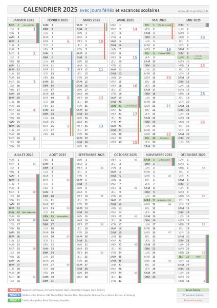 Calendrier 2025 avec jours fériés et vacances scolaires - Format portrait.