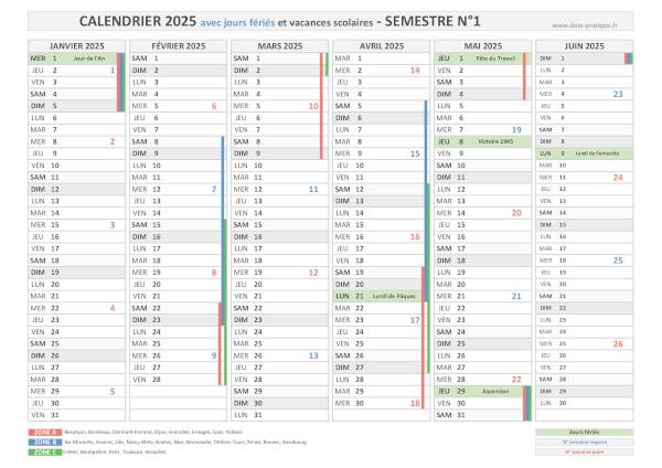 Calendrier 2025 avec jours fériés et vacances scolaires - Semestre N°1.