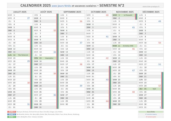 Calendrier 2025 avec jours fériés - Semestre N°2.