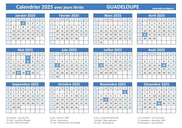 Calendrier 2025 avec jours fériés à imprimer - Guadeloupe.