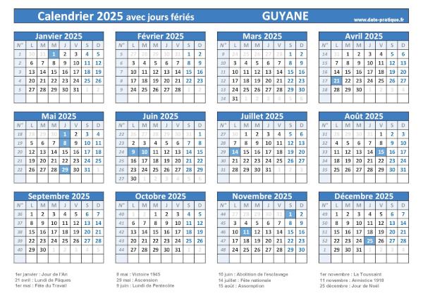 Calendrier 2025 avec jours fériés à imprimer - Guyane.