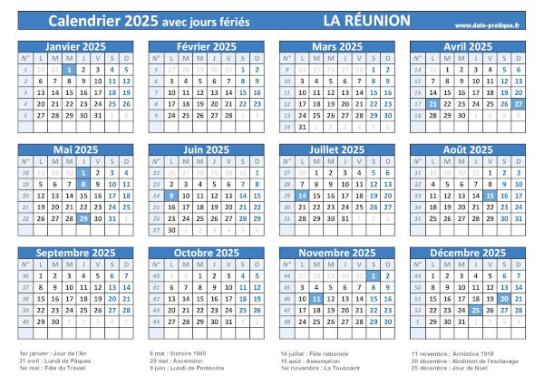 Calendrier 2025 avec jours fériés à imprimer - La Réunion.