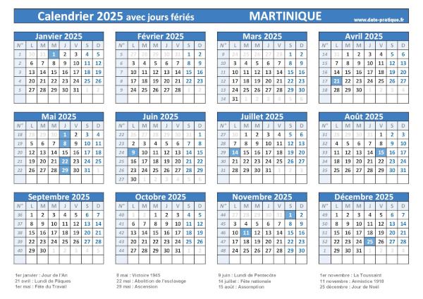 Calendrier 2025 avec jours fériés à imprimer - Martinique.