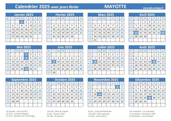 Calendrier 2025 avec jours fériés à imprimer - Mayotte.