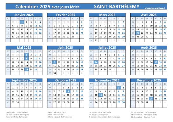 Calendrier 2025 avec jours fériés à imprimer - Saint-Barthélemy.