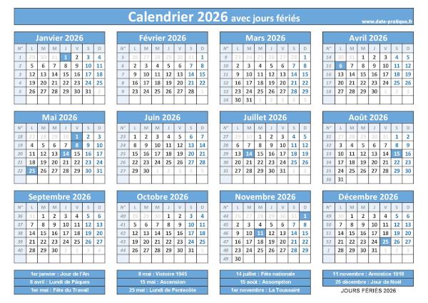 Calendrier 2026 avec jours fériés