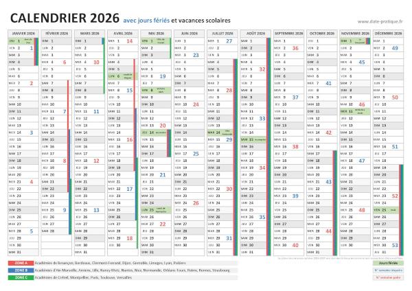 Calendrier 2026 avec jours fériés à imprimer.