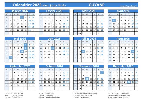 Calendrier 2026 avec les dates jours fériés pour la Guyane