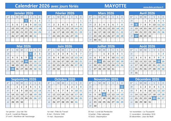 Calendrier 2026 avec les dates jours fériés pour Mayotte