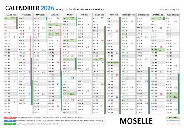Calendrier 2026 avec les dates jours fériés pour Moselle