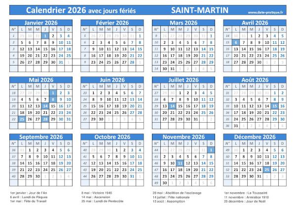 Calendrier 2026 avec les dates jours fériés pour Saint-Martin