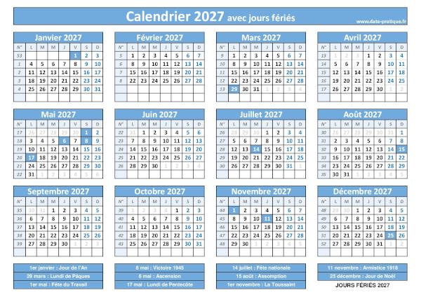 Calendrier 2027 avec jours fériés