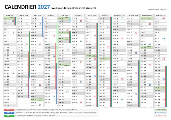 Calendrier 2027 avec jours fériés à imprimer.