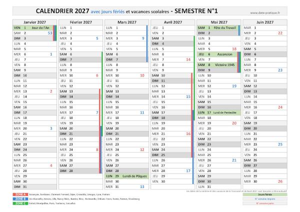 Calendrier 2027 avec jours fériés et vacances scolaires - Semestre N°1.