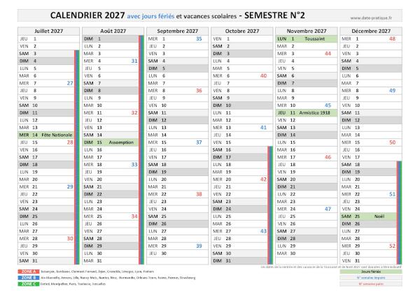Calendrier 2027 avec jours fériés - Semestre N°2.