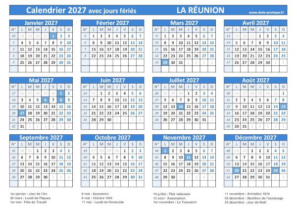 Calendrier 2027 avec jours fériés à imprimer - Réunion.