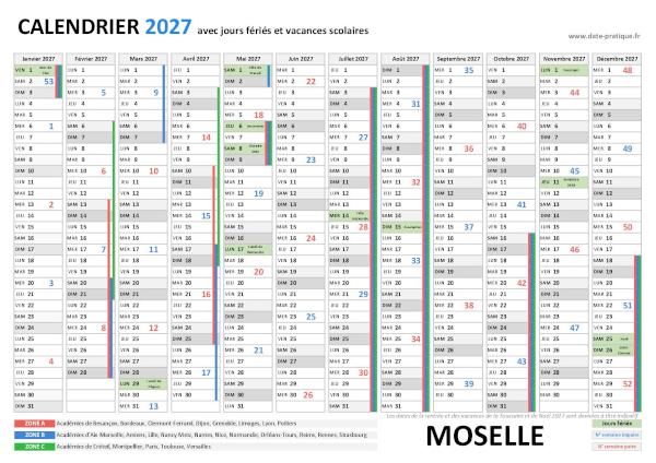 Calendrier 2027 avec jours fériés et vacances scolaires à imprimer - Moselle.