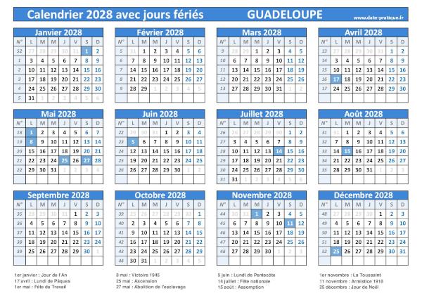 Calendrier 2028 avec jours fériés à imprimer - Guadeloupe.