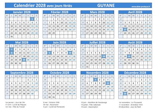 Calendrier 2028 avec jours fériés à imprimer - Guyane.