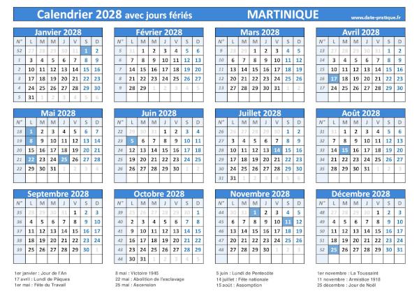 Calendrier 2028 avec jours fériés à imprimer - Martinique.