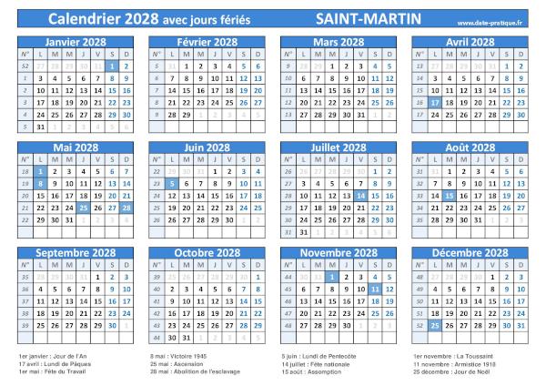 Calendrier 2028 avec jours fériés à imprimer - Saint-Martin.