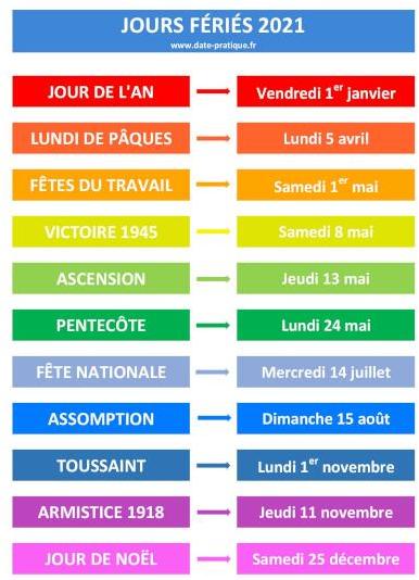 Dates et liste des jours fériés du calendrier 2021.