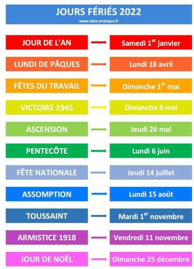 Dates et liste des jours fériés du calendrier 2022.