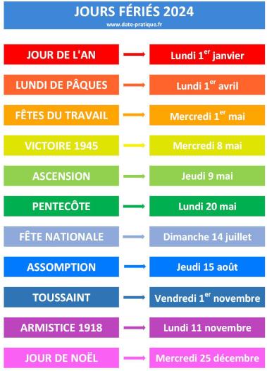 Dates et liste des jours fériés du calendrier 2024.