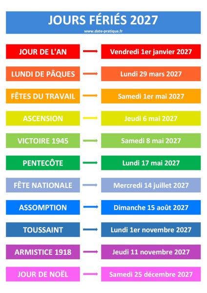 Dates et liste des jours fériés du calendrier 2027.