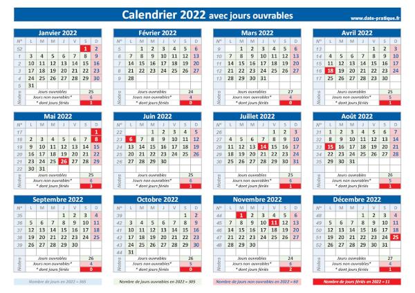 Calendrier 2022 avec jours ouvrables à imprimer.